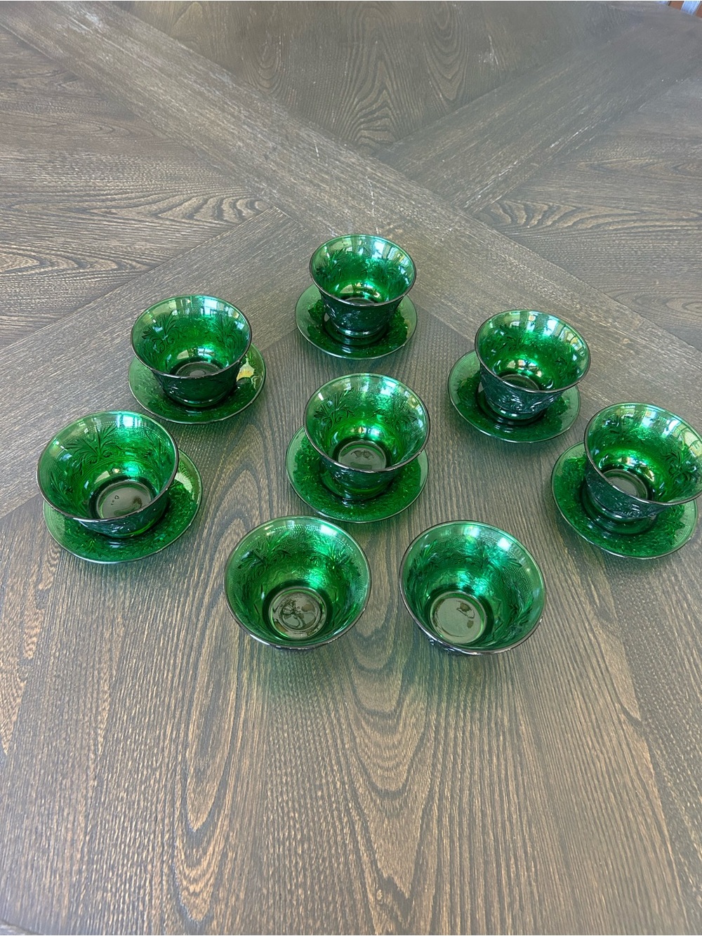 Anchor Hocking Emerald Green Glass Dessert Cups 8 with Saucers 6